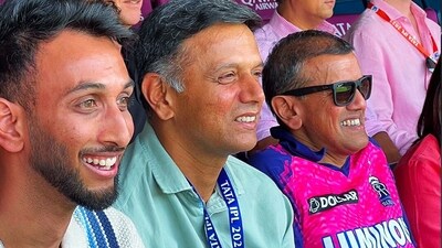 Rahul Dravid with Prasidh Krishna watch the match between Royal Challengers Bangalore and Rajasthan Royals in the Indian Premier League (Rajasthan Royals Twitter) Rahul Dravid with Prasidh Krishna watch the match between Royal Challengers Bangalore and Rajasthan Royals in the Indian Premier League (Rajasthan Royals Twitter)