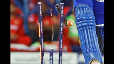Arshdeep Singh breaks stumps. (Twitter/@PunjabKingsIPL) Arshdeep Singh breaks stumps. (Twitter/@PunjabKingsIPL)
