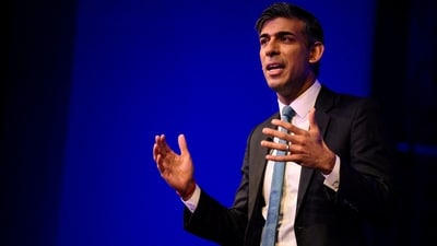 Britain's Prime Minister Rishi Sunak gestures during a speech as he hosts a Business Connect event in North London. (REUTERS)