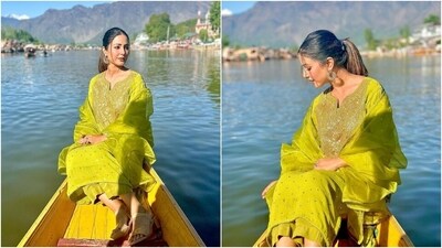 Hina teamed the kurta with matching straight-fitted palazzo pants and a breezy dupatta embroidered with minimal gota patti borders. She accessorised the ensemble with jhumkis, rings, and beige strappy block heels. (Instagram) Hina teamed the kurta with matching straight-fitted palazzo pants and a breezy dupatta embroidered with minimal gota patti borders. She accessorised the ensemble with jhumkis, rings, and beige strappy block heels. (Instagram)