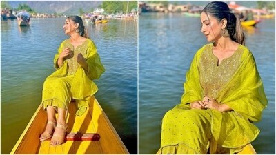 Hina Khan wore a lemon yellow-coloured suit set featuring a colour-coordinated kurta, pants and dupatta. The kurta features a round neckline with a slit, heavy gold embroidery on the front, full-length sleeves, gota patti work on the trims, and sequin embellishments. (Instagram) Hina Khan wore a lemon yellow-coloured suit set featuring a colour-coordinated kurta, pants and dupatta. The kurta features a round neckline with a slit, heavy gold embroidery on the front, full-length sleeves, gota patti work on the trims, and sequin embellishments. (Instagram)