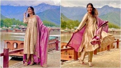 Earlier, Hina wished her fans 'Eid Mubarak' by sharing pictures from Kashmir. They showed the star dressed in a gold and pink anarkali suit set. "Kashmir ki kali celebrating Eid in Jannat-e-Kashmir...Eid Mubarak, Everyone," Hina captioned the post. (Instagram) Earlier, Hina wished her fans 'Eid Mubarak' by sharing pictures from Kashmir. They showed the star dressed in a gold and pink anarkali suit set. "Kashmir ki kali celebrating Eid in Jannat-e-Kashmir...Eid Mubarak, Everyone," Hina captioned the post. (Instagram)