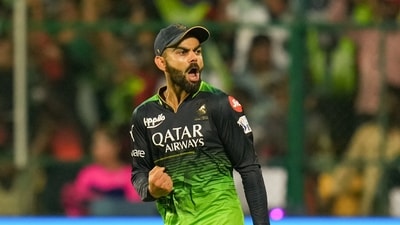Bengaluru: Royal Challengers Bangalore skipper Virat Kohli celebrates the team's win over Rajasthan Royals in the IPL 2023 cricket match at M Chinnaswamy Stadium in Bengaluru, Sunday, April 23, 2023. (PTI Photo/Shailendra Bhojak)(PTI04_23_2023_000328A) (PTI) Bengaluru: Royal Challengers Bangalore skipper Virat Kohli celebrates the team's win over Rajasthan Royals in the IPL 2023 cricket match at M Chinnaswamy Stadium in Bengaluru, Sunday, April 23, 2023. (PTI Photo/Shailendra Bhojak)(PTI04_23_2023_000328A) (PTI)