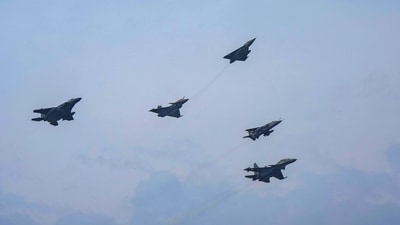 Formation of fighter aircrafts Tejas, SU 30, Jaguar, Rafale and F15 during the India-US joint air exercise at Kalaikunda Force Station, in West Midnapore district. (PTI)