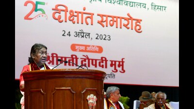 President Droupadi Murmu addresses the 25th convocation of Chaudhary Charan Singh Haryana Agricultural University, in Hisar on Monday. (ANI) President Droupadi Murmu addresses the 25th convocation of Chaudhary Charan Singh Haryana Agricultural University, in Hisar on Monday. (ANI)