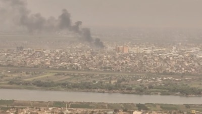 A drone view shows smoke rising over the Khartoum North Light Industrial Area, in Bahri, Sudan, April 23, 2023. (REUTERS)