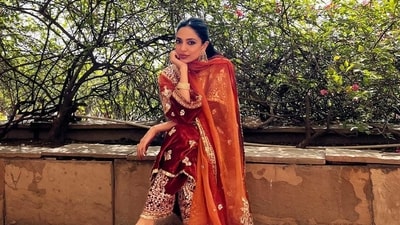 For a press meet in Delhi, Sobhita decked up in a stunning rust ethnic outfit.&nbsp; 