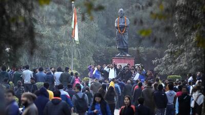 Students shout anti-government slogans after they were not allowed to screen a BBC documentary at Delhi University campus in New Delhi on January 27. (AP) Students shout anti-government slogans after they were not allowed to screen a BBC documentary at Delhi University campus in New Delhi on January 27. (AP)