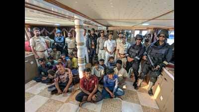 The Coast Guard detected the vessel around 90 nautical miles (NM) in the open sea and on course to Dubai. On Pune customs team’s request, the Coast Guard intercepted the vessel at around 12:30 am on April 21. (HT PHOTO) The Coast Guard detected the vessel around 90 nautical miles (NM) in the open sea and on course to Dubai. On Pune customs team’s request, the Coast Guard intercepted the vessel at around 12:30 am on April 21. (HT PHOTO)