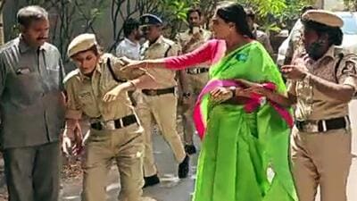 YSR Telangana Party chief YS Sharmila being detained by police to stop her from leading protest at office of special team investigating the TSPSC question paper leak case in Hyderabad on Monday. (ANI)