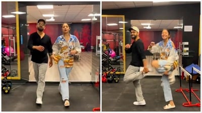 Anushka Sharma and Virat Kohli dancing together at the gym. Anushka Sharma and Virat Kohli dancing together at the gym.