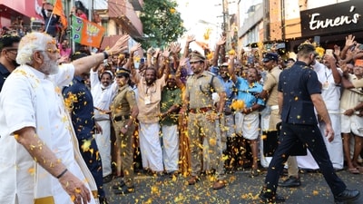 <p>PM Modi began the road show on foot along the route under a tight security net. After walking for over 15 minutes, the security personnel escorted him to an SUV.</p> (Twitter) <p>PM Modi began the road show on foot along the route under a tight security net. After walking for over 15 minutes, the security personnel escorted him to an SUV.</p> (Twitter)