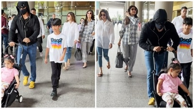 Shilpa Shetty, Raj Kundra, Shamita Shetty and their other family members were seen at Mumbai airport on Monday. (Varinder Chawla) Shilpa Shetty, Raj Kundra, Shamita Shetty and their other family members were seen at Mumbai airport on Monday. (Varinder Chawla)