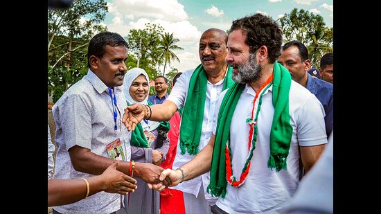 Congress leader Rahul Gandhi during an interaction with sugarcane farmers at Ramdurg, in Belagavi district on Monday. (PTI)