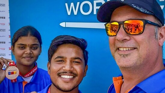India's Jyothi Surekha and Ojas Deotale pose with their medals after winning the gold medal at the Archery World Cup 2023, in Antalya, Turkey. (PTI)