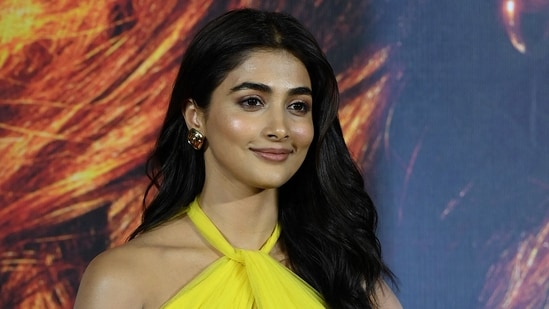 Pooja Hegde at the trailer launch of Kisi Ka Bhai Kisi Ki Jaan in Mumbai. (Photo by SUJIT JAISWAL / AFP) (AFP)