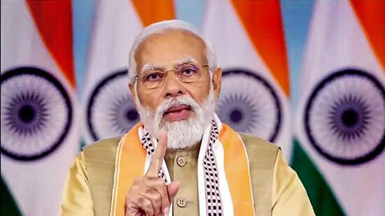 Prime Minister Narendra Modi addressed the sports ministers’ ‘Chintan Shivir’, held in Manipur’s Imphal, through video conferencing on Monday. (PTI)
