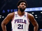 Joel Embiid #21 of the Philadelphia 76ers reacts against the Brooklyn Nets during the first half of Game Three of the Eastern Conference First Round Playoffs at Barclays Center.