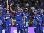Mumbai: Mumbai Indians bowler Arjun Tendulkar with teammates celebrates the wicket of Punjab Kings batter Prabhsimran Singhduring the IPL 2023 cricket match between Punjab Kings and Mumbai Indians, at Wankhede Stadium in Mumbai, Saturday, April 22, 2023. (PTI Photo/Kunal Patil)(PTI04_22_2023_000465B)