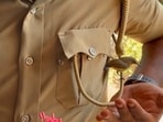 Kerala cop interacting with an unexpected visitor. Kerala cop interacting with an unexpected visitor.