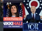 Former US president Donald Trump(L), Nikki Haley (C), Joe Biden. Former US president Donald Trump(L), Nikki Haley (C), Joe Biden.