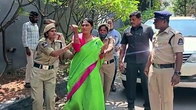 YSRTP Chief YS Sharmila was detained by police personnel to stop her from visiting SIT office over the TSPSC question paper leak case, in Hyderabad on Monday. (ANI Picture Service) YSRTP Chief YS Sharmila was detained by police personnel to stop her from visiting SIT office over the TSPSC question paper leak case, in Hyderabad on Monday. (ANI Picture Service)