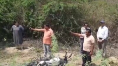 Uttar Pradesh Police team recreating scene of encounter of Asad Ahmad in Jhansi. (Twitter/ANI)