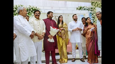 Bihar chief minister Nitish Kumar and deputy CM Tejashwi Yadav with former MP Anand Mohan attend engagement function of MLA Chetan Anand, in Patna on Monday. (PTI) Bihar chief minister Nitish Kumar and deputy CM Tejashwi Yadav with former MP Anand Mohan attend engagement function of MLA Chetan Anand, in Patna on Monday. (PTI)