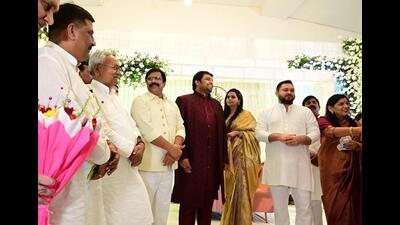 Chief minister Nitish Kumar and deputy CM Tejashwi Prasad Yadav with former MP Anand Mohan attend his son Chetan Anand’s engagement in Patna on Monday. (HT Photo) Chief minister Nitish Kumar and deputy CM Tejashwi Prasad Yadav with former MP Anand Mohan attend his son Chetan Anand’s engagement in Patna on Monday. (HT Photo)