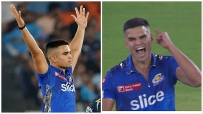 Arjun Tendulkar came up with a noteworthy celebration after dismissing GT star Wriddhiman Saha. (PTI-IPL) Arjun Tendulkar came up with a noteworthy celebration after dismissing GT star Wriddhiman Saha. (PTI-IPL)