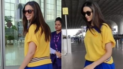Deepika Padukone opted for a yellow and blue outfit as she flew out of Mumbai. Deepika Padukone opted for a yellow and blue outfit as she flew out of Mumbai.