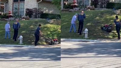 Firefighters help man to mow his lawn. (Twitter/@Austin Fire Department ) Firefighters help man to mow his lawn. (Twitter/@Austin Fire Department )