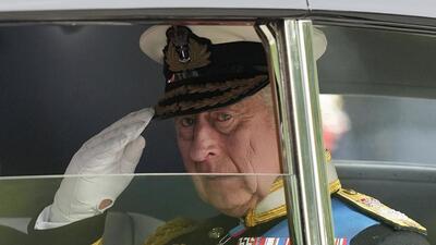 King Charles III salutes as he leaves Westminster Abbey following the state funeral service of Queen Elizabeth II in Westminster Abbey in central London, England, on September 19, 2022. (AP) King Charles III salutes as he leaves Westminster Abbey following the state funeral service of Queen Elizabeth II in Westminster Abbey in central London, England, on September 19, 2022. (AP)