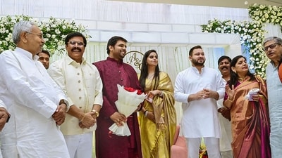 Patna: Bihar Chief Minister Nitish Kumar and Deputy CM Tejashwi Yadav with former MP Anand Mohan attend engagement function of MLA Chetan Anand, in Patna, Monday, April 24, 2023. (PTI Photo) (PTI04_25_2023_000257B) (PTI)