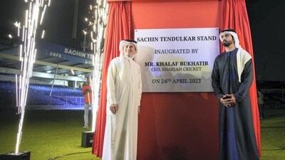 CEO of the Sharjah Stadium, Khalaf Bukhatir (right) during a ceremony for renaming of the west stand at the stadium as 'Sachin Tendulkar Stand' on the cricketer's 50th birthday in Dubai, (PTI) CEO of the Sharjah Stadium, Khalaf Bukhatir (right) during a ceremony for renaming of the west stand at the stadium as 'Sachin Tendulkar Stand' on the cricketer's 50th birthday in Dubai, (PTI)