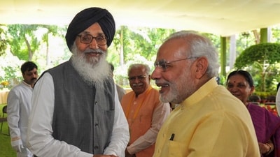 Former Punjab CM Parkash Singh Badal with Prime Minister Narendra Modi in a file image tweeted by the latter. (PTI) Former Punjab CM Parkash Singh Badal with Prime Minister Narendra Modi in a file image tweeted by the latter. (PTI)