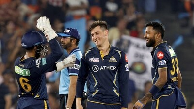 Gujarat Titans thrashed Mumbai Indians by 55 runs to record their first win batting first at the Narendra Modi Stadium. (PTI) Gujarat Titans thrashed Mumbai Indians by 55 runs to record their first win batting first at the Narendra Modi Stadium. (PTI)