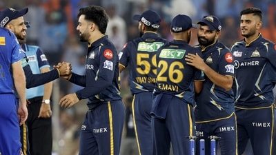 Gujarat Titans players celebrate their win against Mumbai Indians in the IPL 2023 (PTI) Gujarat Titans players celebrate their win against Mumbai Indians in the IPL 2023 (PTI)