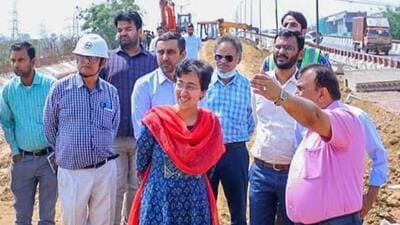 PWD minister Atishi inspects the under-construction flyover at Sarai Kale Khan in New Delhi on Tuesday. (HT Photo) PWD minister Atishi inspects the under-construction flyover at Sarai Kale Khan in New Delhi on Tuesday. (HT Photo)