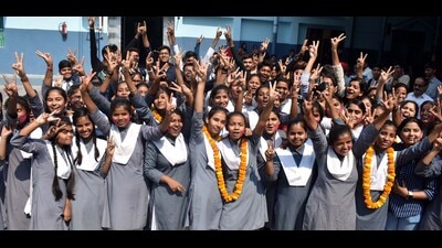 Prayagraj students celebrate their results (HT Photo) Prayagraj students celebrate their results (HT Photo)