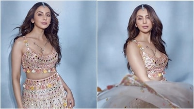 Rakul Preet Singh sparkles in mirror-work lehenga drenched in pastel hues. (Instagram) Rakul Preet Singh sparkles in mirror-work lehenga drenched in pastel hues. (Instagram)
