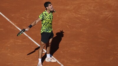 Spain's Carlos Alcaraz celebrates after winning the Barcelona Open in the final match against Greece's Stefanos Tsitsipas (REUTERS)