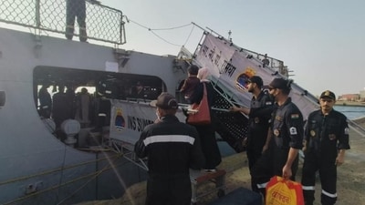 The Indian Navy personnel were seen assisting woman to board INS Sumedha at Port Sudan. (source: MEA) The Indian Navy personnel were seen assisting woman to board INS Sumedha at Port Sudan. (source: MEA)