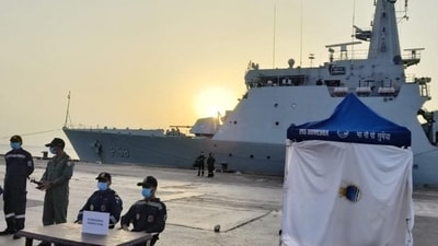 The third Saryu-class patrol vessel of the Indian Navy, INS Sumedha with 278 people onboard departed from Port Sudan for Jeddah on Tuesday. (source: MEA) The third Saryu-class patrol vessel of the Indian Navy, INS Sumedha with 278 people onboard departed from Port Sudan for Jeddah on Tuesday. (source: MEA)
