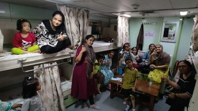 Indian women settle in after boarding INS Sumedha. (source: MEA) Indian women settle in after boarding INS Sumedha. (source: MEA)