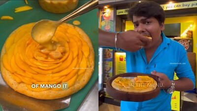 The image, taken from the video, shows an individual making mango pizza (left) and another trying the fusion dish (right). (Instagram/@bombayfoodie_tales) The image, taken from the video, shows an individual making mango pizza (left) and another trying the fusion dish (right). (Instagram/@bombayfoodie_tales)