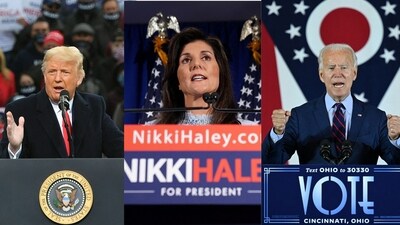 Former US president Donald Trump(L), Nikki Haley (C), Joe Biden. Former US president Donald Trump(L), Nikki Haley (C), Joe Biden.