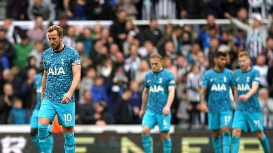 Tottenham's Harry Kane, left, reacts after Newcastle's Callum Wilson, not pictured, scored their side's sixth goal of the game during the English Premier League soccer match (AP)
