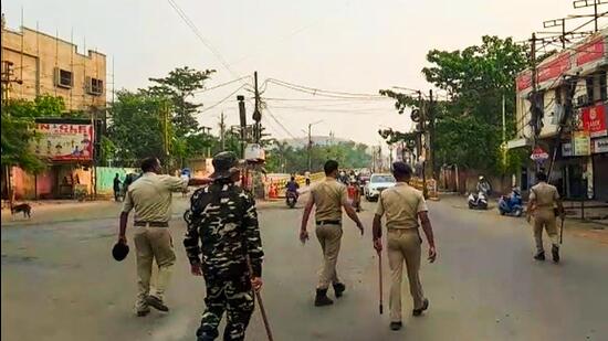 Security personnel during a curfew imposed after the incident of fresh violence on the occasion of Hanuman Jayanti, in Sambalpur, on April 15 (PTI File Photo)