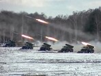 Multiple rocket launchers fire during Belarusian and Russian joint military drills at Brestsky firing range in Belarus.